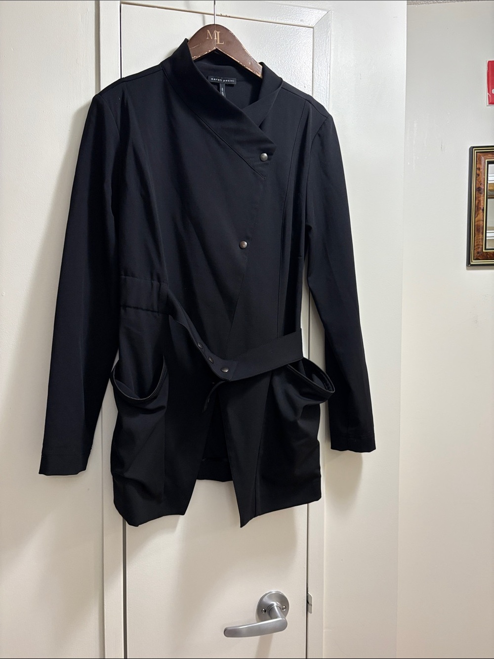 Sarah Pacini Black Women's Asymmetric Belted Jacket. NWOT